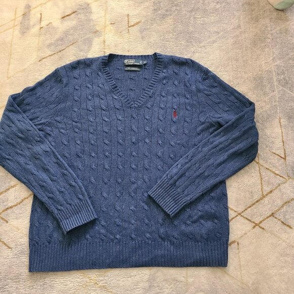 Polo Ralph Lauren 100% Tussah Silk Cable Knit Sweater XL Blue Pony - Picture 2 of 8